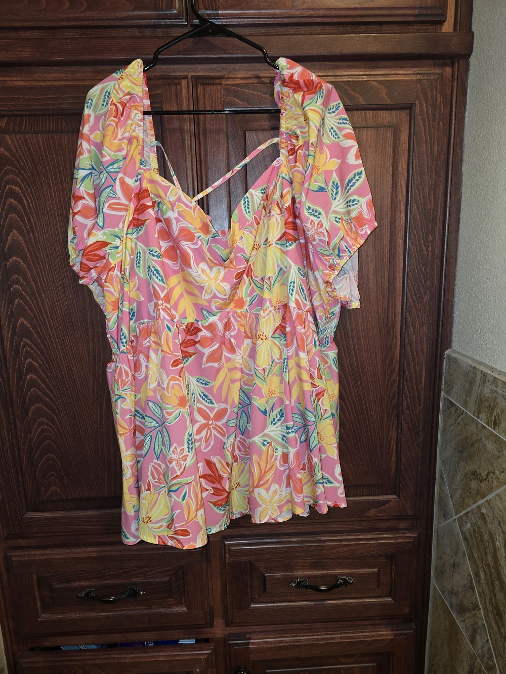 Pink Tropical Floral V-Neck Babydoll Top 30/32